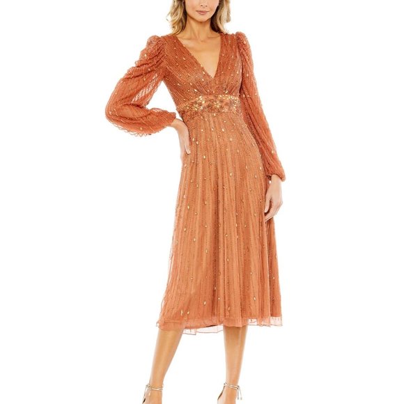 Mac Duggal 5593 Hand Embellished V Neck Puff Long Sleeve A Line Midi‎ Cognac 2 - Picture 1 of 10
